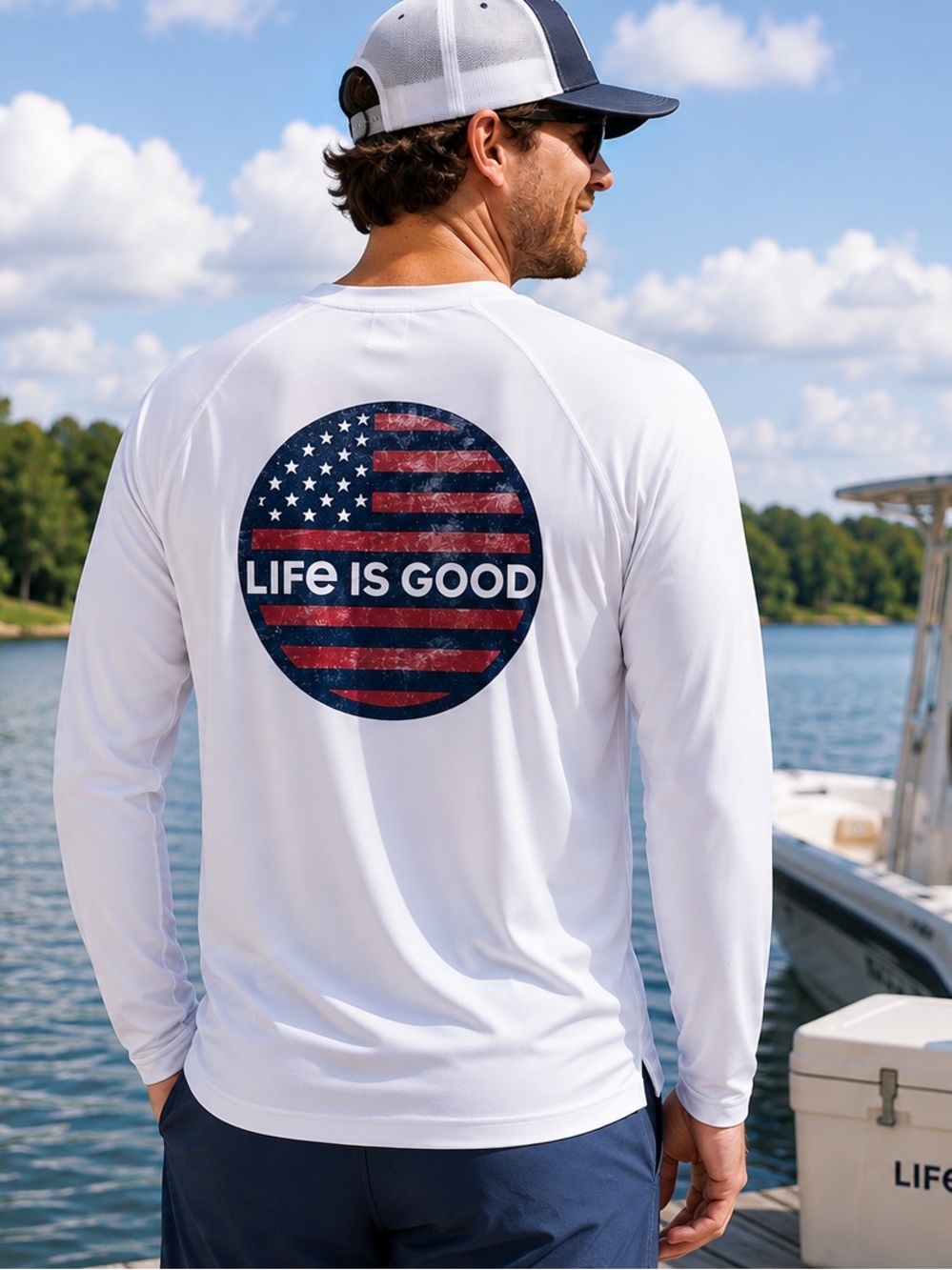 Life is Good Men’s L UPF 50+ Long Sleeve American Flag Performance Shirt NWT